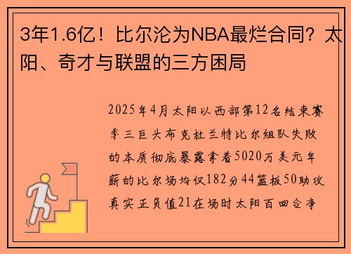 3年1.6亿！比尔沦为NBA最烂合同？太阳、奇才与联盟的三方困局
